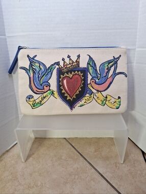 Brighton 2019 Love Of Art Birds Heart  Crown Zip Top Canvas Cosmetic Bag